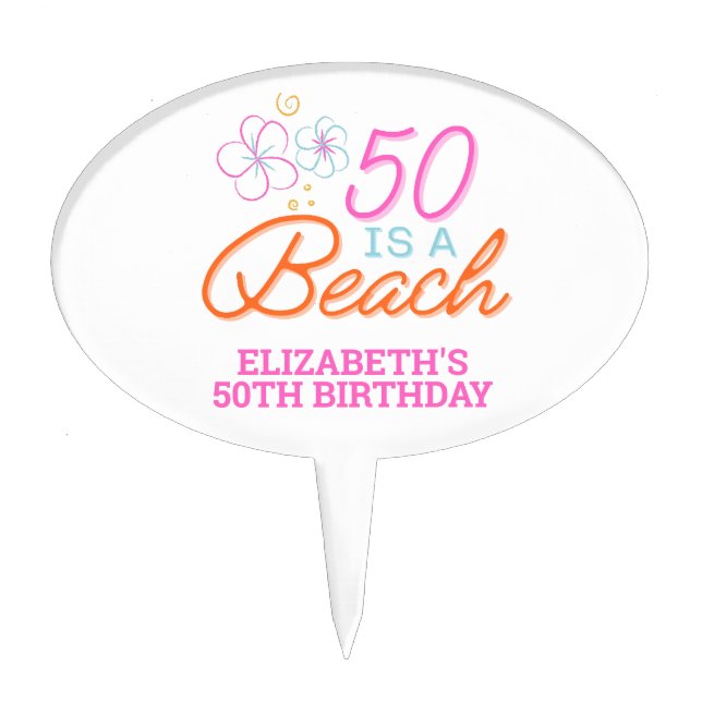  Trendy Hand Drawn 50th Beach Birthday Cake Topper (Front)