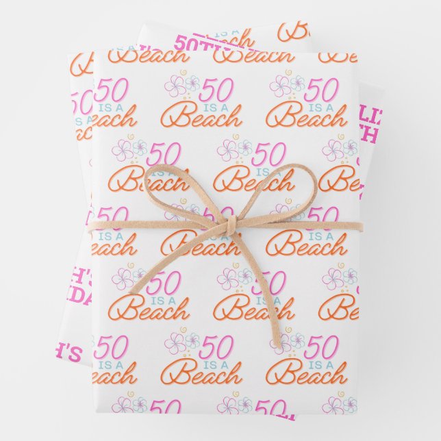  Trendy Hand Drawn 50th Beach Birthday Wrapping Paper Sheets (In situ)