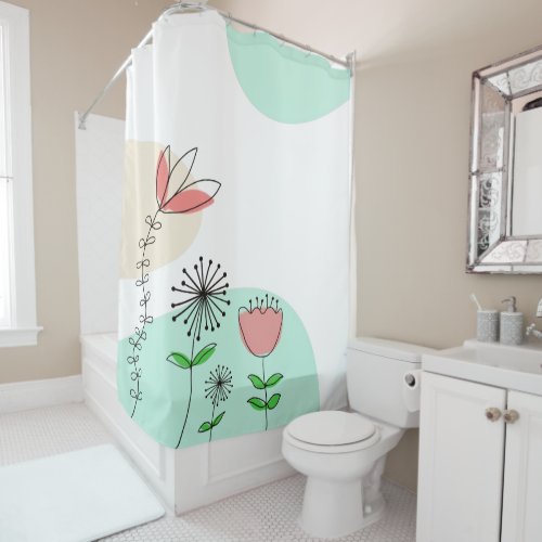 Trendy Hand drawn Artsy Florals Coral Teal Shower Curtain