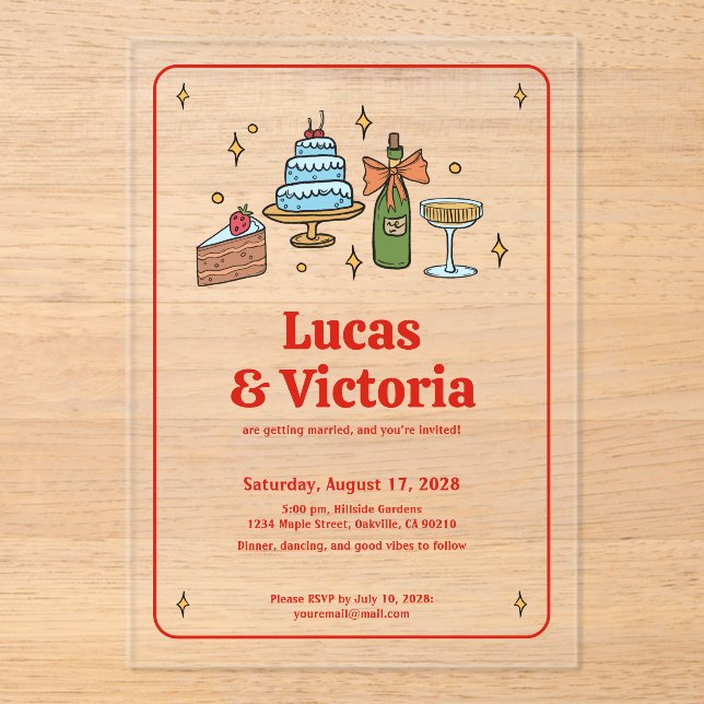 Trendy Hand Drawn Bold Red Whimsical Wedding Acrylic Invitations (Front)