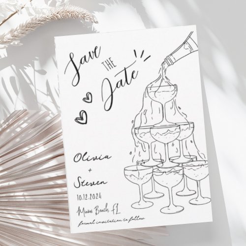 Trendy Hand Drawn Champagne Tower Save the Date Invitation
