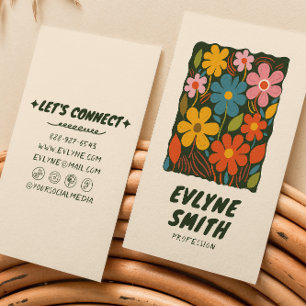 Trendy Hand Drawn Colorful Retro Funky Floral Business Card