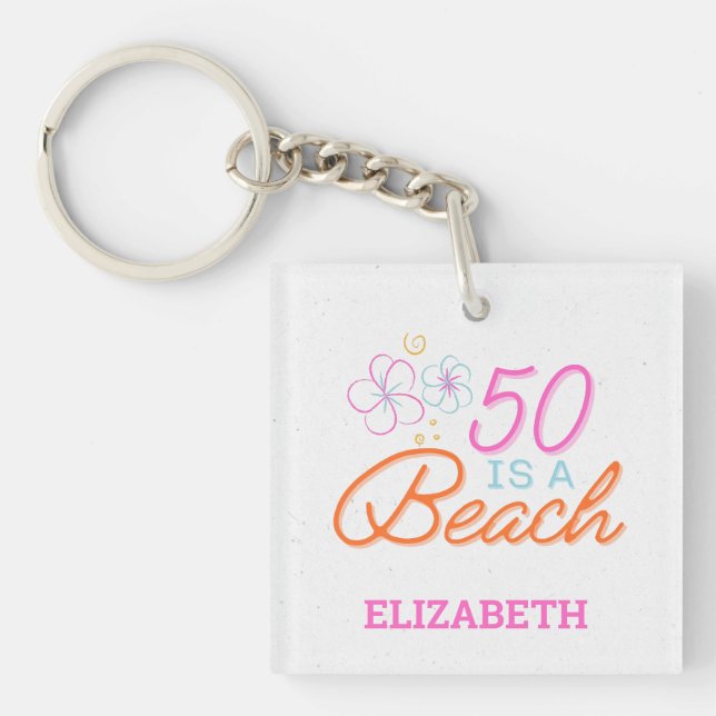  Trendy Hand Drawn Doodle 50th Beach Birthday  Keychain (Front)