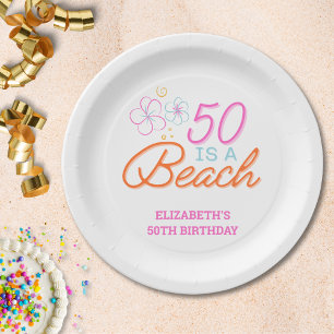 Trendy Hand Drawn Doodle 50th Beach Birthday Paper Plates