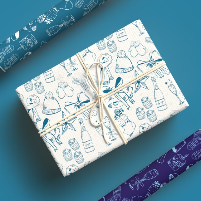 Trendy Hand Drawn Monochrome Blue & White Holiday Wrapping Paper Sheets (Creator Uploaded)