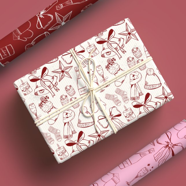 Trendy Hand Drawn Monochrome Red & White Xmas Wrapping Paper Sheets (Creator Uploaded)