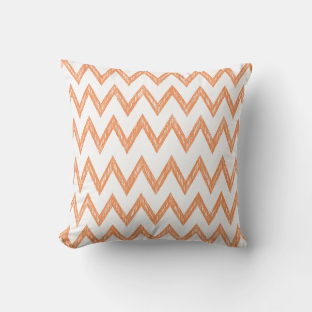 Trendy Hand Drawn Orange and White Chevron Zigzags Throw Pillow (Front)