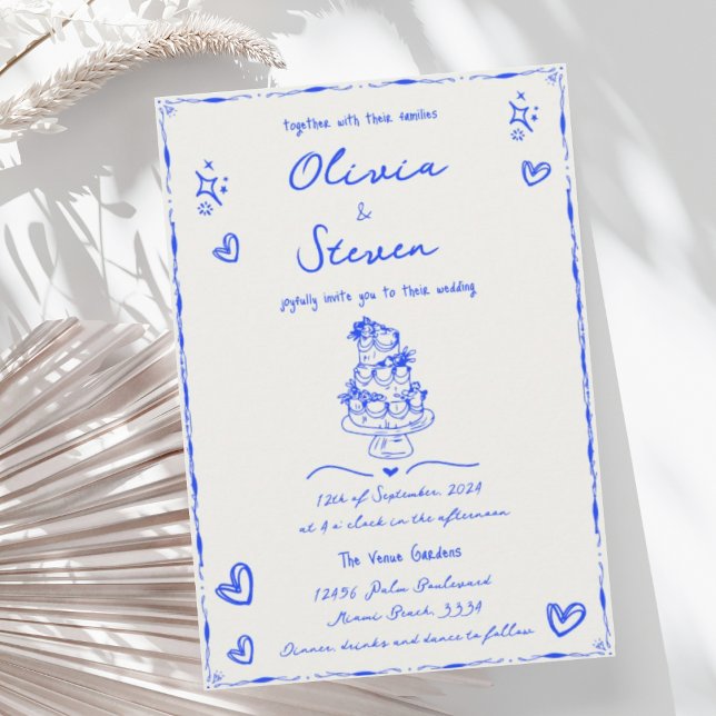 Trendy Hand Drawn Quirky Scribble Blue Wedding Invitation (Creator Uploaded)
