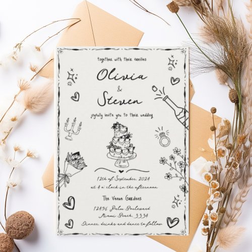 Trendy Hand Drawn Quirky Scribble Wedding Invitation