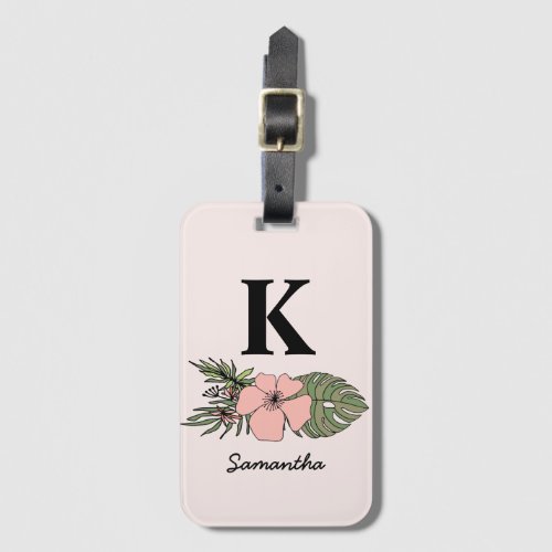 Trendy Hand Drawn Tropical Leaves Floral Monogram Luggage Tag