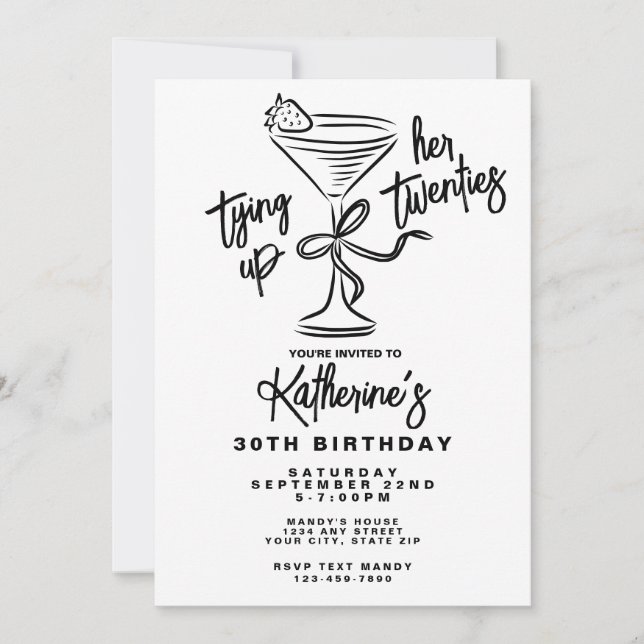 Trendy Hand Drawn Tying Up Her Twenties Birthday Invitation (Front)