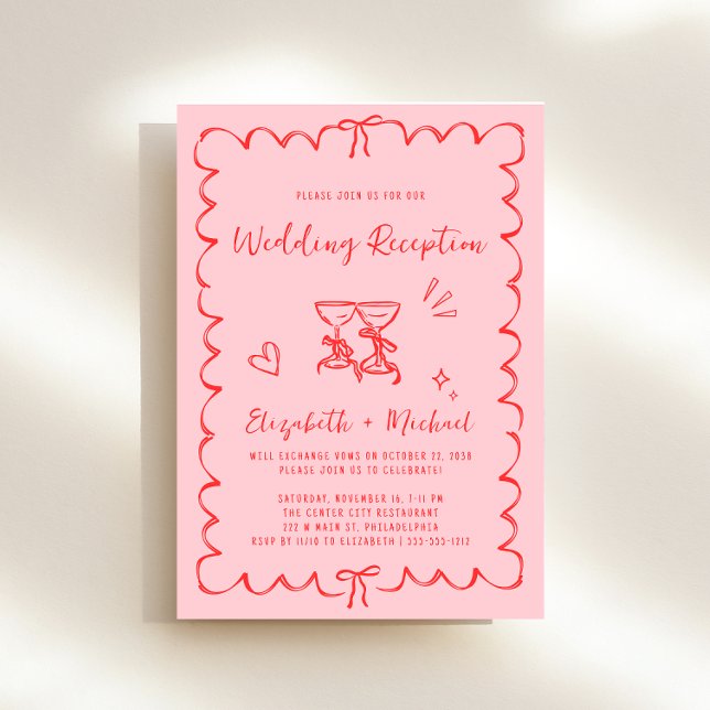 Trendy Hand Drawn Wavy Frame Wedding Reception Invitation (Whimsical pink + red engagement party invitation to set the tone for an unforgettable event)