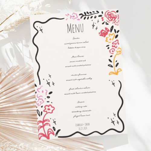 Trendy Hand Drawn Wildfower Wavy Squiggle Wedding  Menu