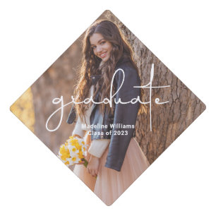 Trendy Hand Lettered Script Photo  Graduation Cap Topper
