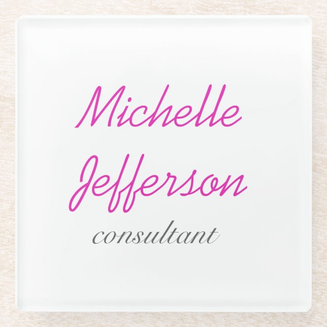 Trendy Handwriting Pink White Clean Glass Coaster (Front)