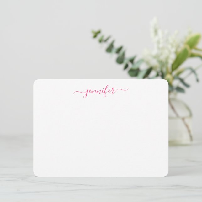 Trendy Handwriting Script Personalized Berry Pink Note Card (Standing Front)