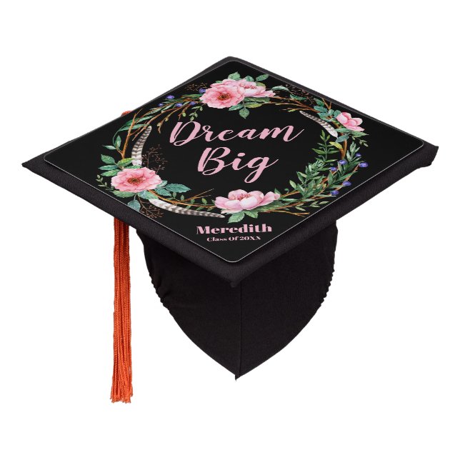 Trendy Handwritten "Dream Big" Floral Graduation Cap Topper (Angled)