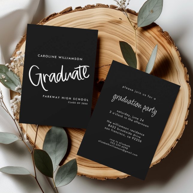 Trendy Handwritten Script Black & White Graduation Invitation (Creator Uploaded)
