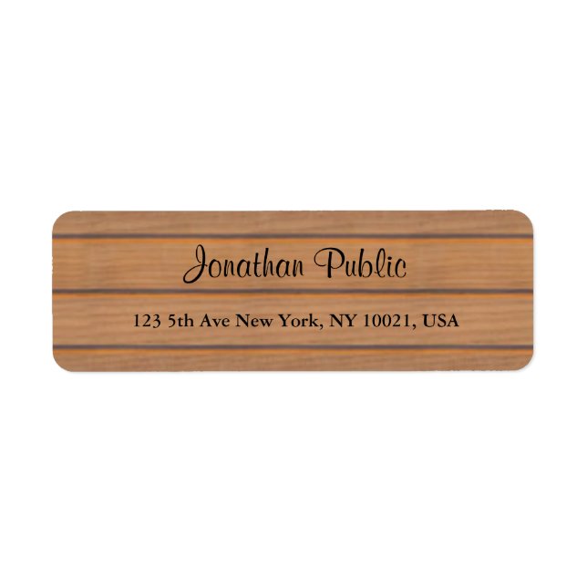 Trendy Handwritten Script Name Text Wood Return Label (Front)