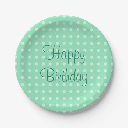 Trendy Happy Birthday Text Dots Rustic Mint Green Paper Plates