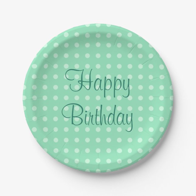 Trendy Happy Birthday Text Dots Rustic Mint Green Paper Plates (Front)