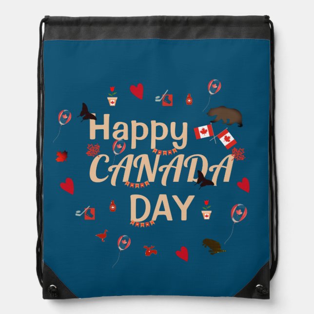 Trendy Happy Canada Day Blue Drawstring Bag (Front)