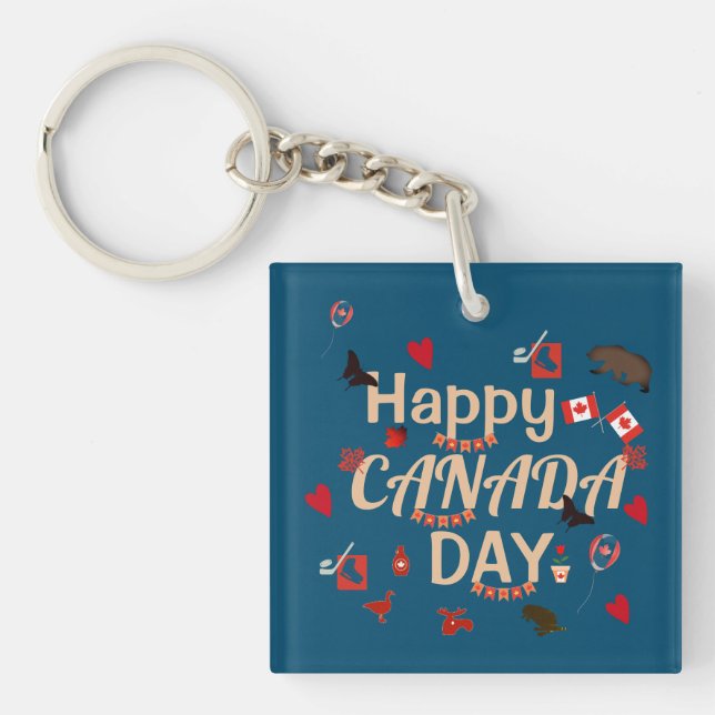 Trendy Happy Canada Day Blue Keychain (Front)