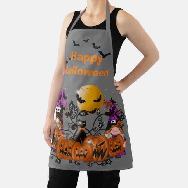 Trendy Happy Halloween Gray Gnome Apron (Insitu)