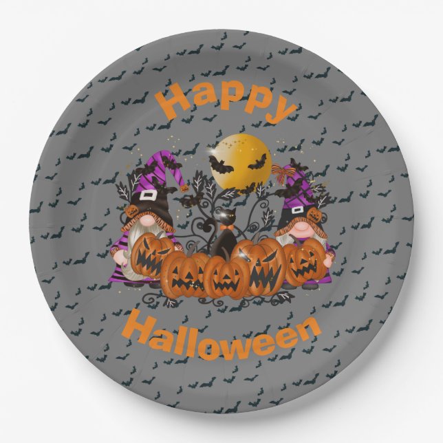 Trendy Happy Halloween Gray Gnome Paper Plates (Front)