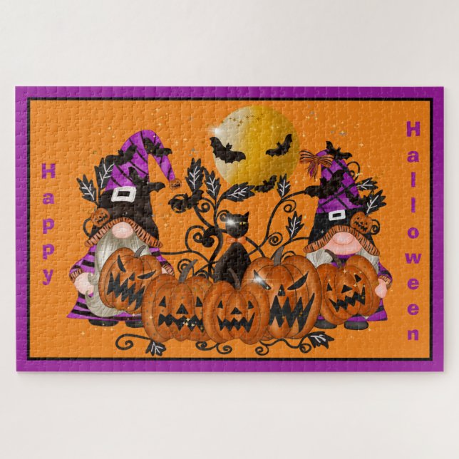 Trendy Happy Halloween Orange Gnome Jigsaw Puzzle (Horizontal)