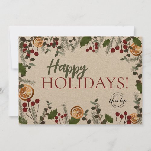 Trendy Happy Holidays Christmas Foliage Your Logo Holiday Card