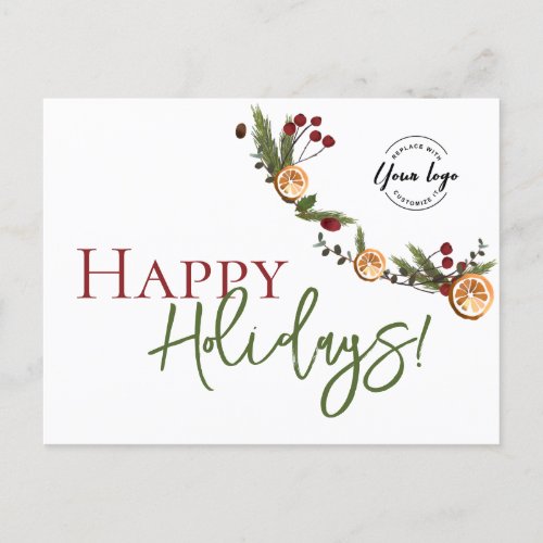 Trendy Happy Holidays Oranges wreath Custom Logo Holiday Postcard