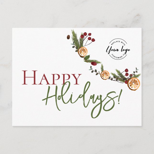Trendy Happy Holidays Oranges wreath Custom Logo Holiday Postcard (Front)