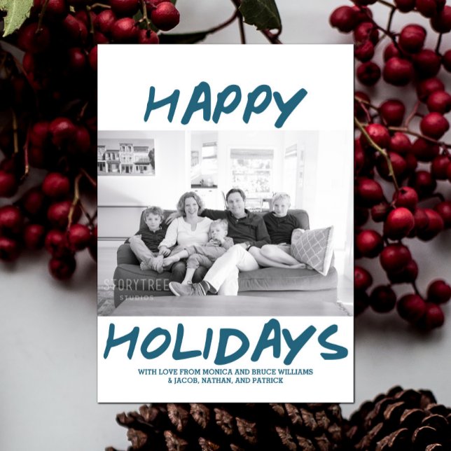 Trendy Happy Holidays Photo Card | Blue (Blue Trendy Happy Holidays Photo Card)