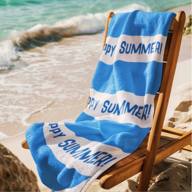 Trendy Happy Summer Blue & White Wide Stripe Beach Towel (Classic wide blue white stripe)