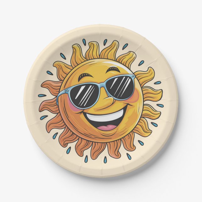 Trendy Happy Yellow Sun with Sunglasses   Paper Plates (Front)
