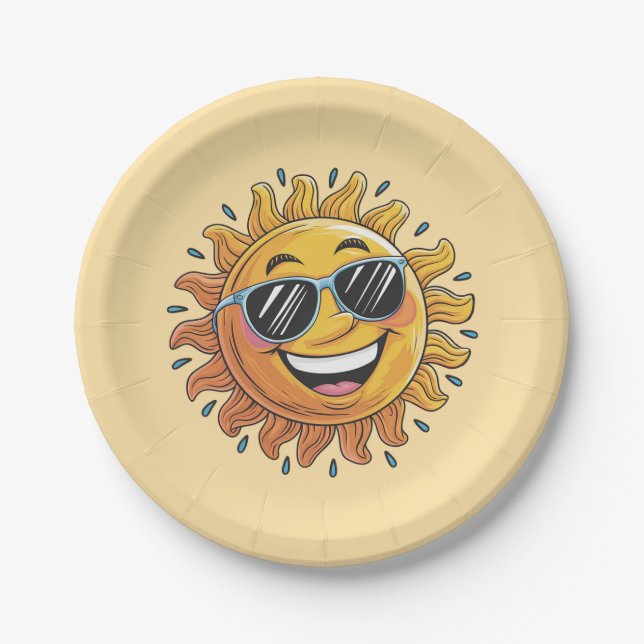 Trendy Happy Yellow Sun with Sunglasses   Paper Plates (Front)