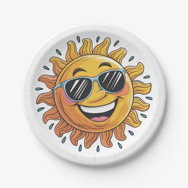 Trendy Happy Yellow Sun with Sunglasses   Paper Plates (Front)
