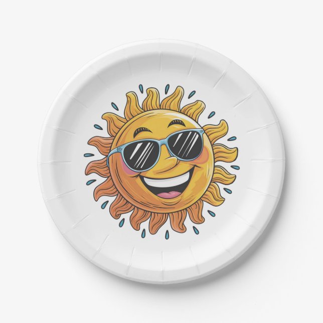 Trendy Happy Yellow Sun with Sunglasses   Paper Plates (Front)
