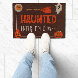 Trendy Haunted Halloween "Enter If You Dare!" Fiber Doormat