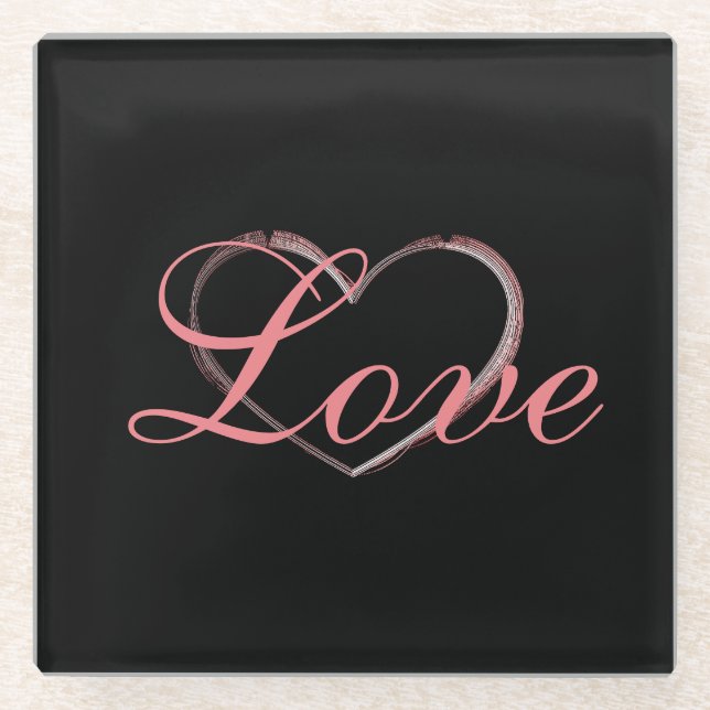 Trendy Heart Gray Calligraphy Love Wedding Glass Coaster (Front)