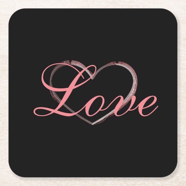 Trendy Heart Gray Calligraphy Love Wedding Square Paper Coaster (Front)