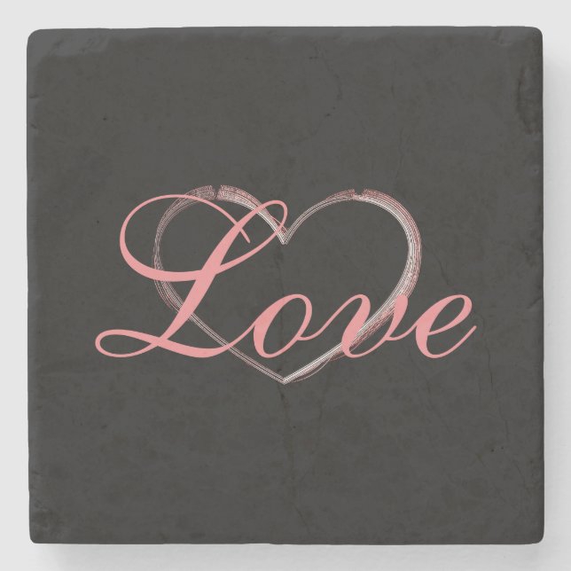 Trendy Heart Gray Calligraphy Love Wedding Stone Coaster (Front)