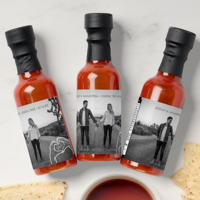 Trendy Heart Hands Custom Monogram Wedding Favor Hot Sauces (Laydown)