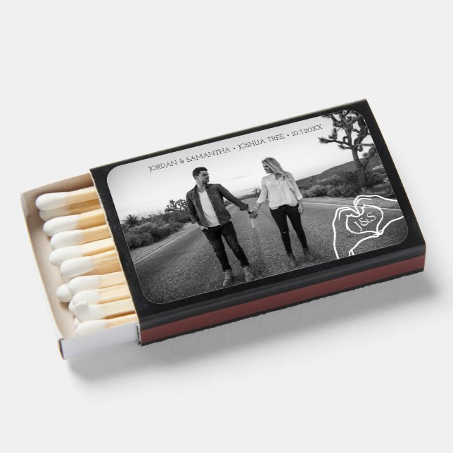 Trendy Heart Hands Custom Monogram Wedding Favor Matchboxes (Front Open)