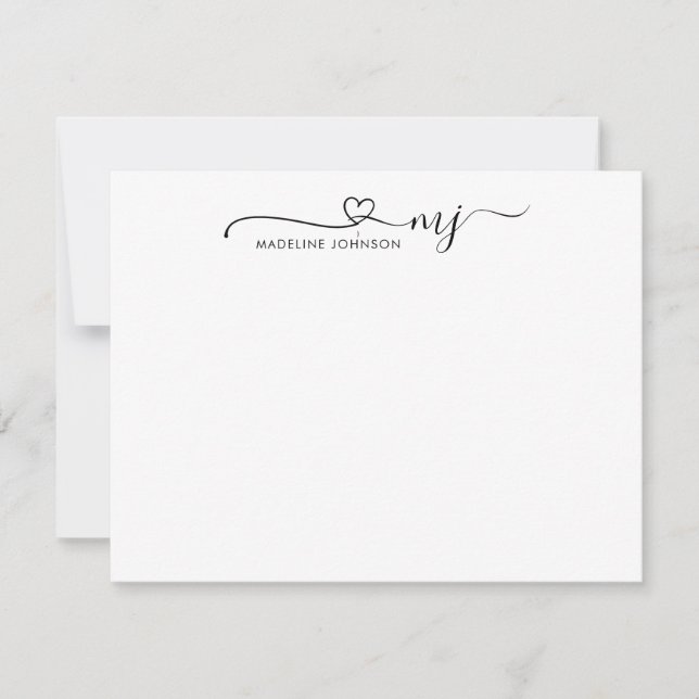 Trendy Heart Script Initial Monogram Basic Name Note Card (Front)