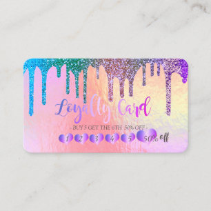 Trendy Hearts Rainbow Glitter Drips Holographic Loyalty Card
