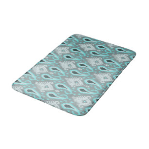 Trendy Hip Aqua Turquoise Ikat Tribal Art Pattern Bath Mat
