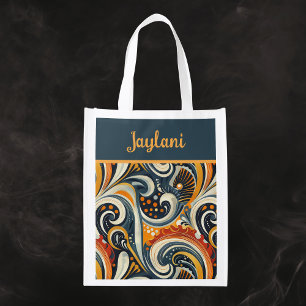 Trendy Hip Retro Orange Deep Teal Swirls Monogram  Grocery Bag