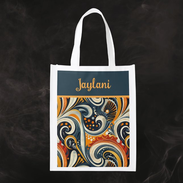Trendy Hip Retro Orange Deep Teal Swirls Monogram  Grocery Bag (Creator Uploaded)